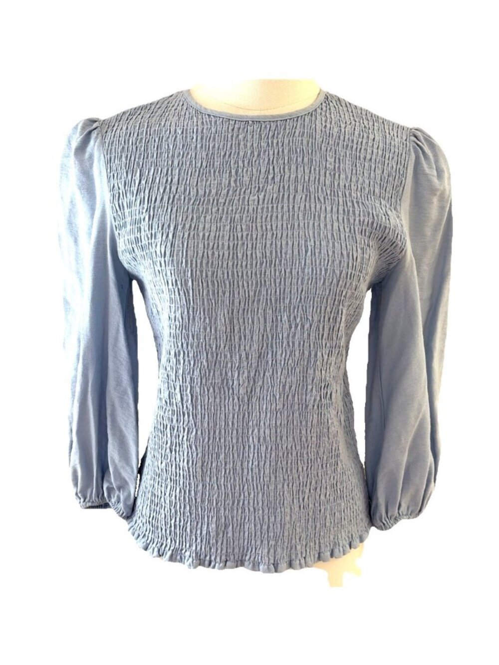 Women's Cropped Smocked Peasant Top Sz 2 Powder Blue Puff Sleeves Festival Boho
